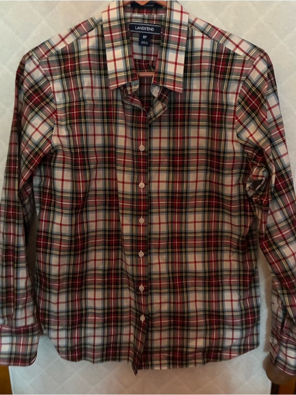 Lands' End Women’s Plaid Button-Down Shirt in Red, Green and White